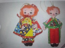 Handsewn handmade vtg felt yarn embroidered Christmas Rag Doll ornament set lot picture