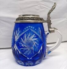 Vintage Nachtmann Cut Cobalt Crystal Mug Beer Stein Blue German with Lid 6.5