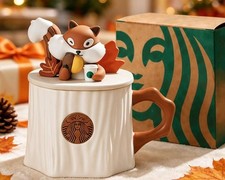 LUXURY NEW Starbucks Cute Squirrel Stump Maple Leaf Cartoon Ceramic Mug w/ Lid picture