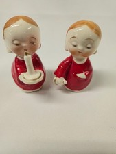 PAIR Vintage Porcelain ANGEL Ornaments Loop JAPAN Red Dress Candle Bell picture