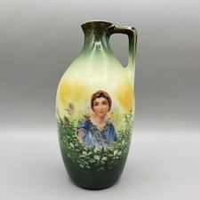 Vintage Austria Ewer Vase Maiden in Field of Flowers Green Pitcher Jug Porcelain picture