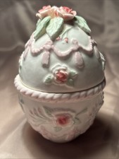 Enesco Bone China Egg Shape Music Box Floral 1985 vintage Works 4” picture