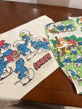 Vintage 80s Smurfs Bed Sheet Set Twin & Pillowcase picture