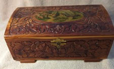 Vintage Cedar Wood Jewelry Box w/ Hand-Carved Floral Design Mirror Mid Century  picture