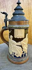 Antique Hauber & Reuther HR 450 German Beer Stein Lidded Pewter ReliefStoneware  picture