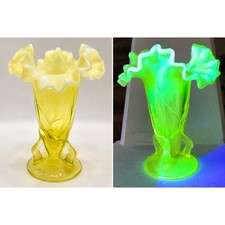 Antique Northwood Twigs Vaseline Uranium Opalescent Glass Vase c1898 6” picture