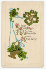 St Patrick’s Antique Postcard Shamrocks Harp Poem Embossed Gold Accents Unused picture
