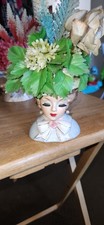 Inarco ~ Lady Head Planter E-1066 Japan Ceramic Vase Green Outfit *VINTAGE 1963 picture