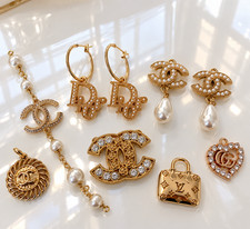 CHANEL CC Zipper Pull Charm Gucci Gold Rhinestone Logo Stamped Button Pendant picture