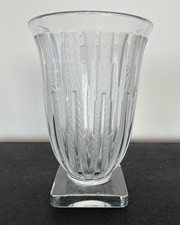 Verlys Les Lances Art Deco Clear Frosted Art Glass Vase 8” Signed Vintage picture