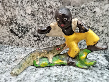 Vintage Cast Iron Bottle Opener Boy Climbing Alligator Crocodile Figural picture
