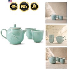 Ceramic Tea Set with Teapot and 2 Cups, Mint Green, Traditional Style picture