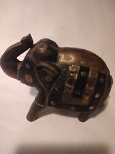 VTG  Hand Carved Wood Elephant Statue From India Brass Decorated 7.5