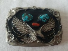 VINTAGE AMERICAN EAGLE BELT BUCKLE SSI TURQUOISE CORAL SILVERTONED picture