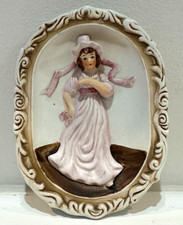 Vintage Ceramic Oval Wall Plaque Relief Woman, White Pink Brown, Vertical picture
