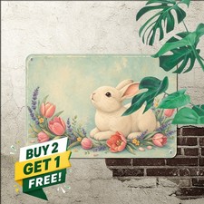 Charming Bunny Floral Garden Sign Vintage Cottagecore Rabbit Metal Wall Plaque picture