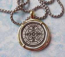 UNIQUE~Large 2 tone St. Benedict Pendant/Necklace/Medal with 24