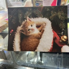 Unused Christmas Card Kitten In Santa Hat, Golden Ball Christmas Tree picture