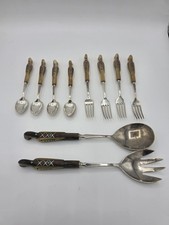 Vintage Carved Cream Phoenix Bird Inlay Horn Bone Spoons and Fork Set Lebanon picture