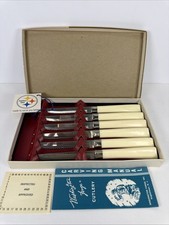 Vtg Set Of 6 Forgecraft Serrated Steak Knives Stainless Steel Ivory Handle USA picture