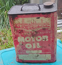 Vintage Red/White/Black Metal Motor Oil Advertising Can Gas & Oil Theme picture