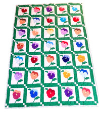 VTG Patchwork Quilt Pansy Mulitcolor Flower Twin Green Stripe Multicolor picture
