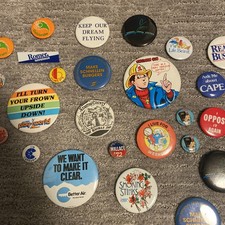 Lot 30+ Vintage Pin Back Buttons: Political, Religion, Smurf’s, Sports, History picture