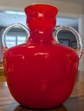 MCM Empoli Opalina Fiorentina Red Double Handled Vase Jug Italy vintage picture
