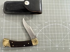 Vintage 1981-86 BUCK USA Wood Brass Handle '4 Dot' Folding Hunter Knife & Sheath picture