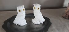 Vintage Carved Alabaster Pair White Owls Yellow Eyes Made in Italy  picture
