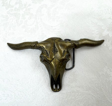 Vtg Solid Brass Longhorn Bull Skull Large Belt Buckle Western Rodeo picture