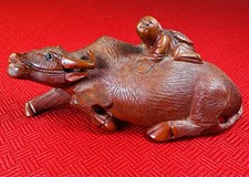 VTG CARVED CHINESE WATER BUFFALO BOY 1940s Home Decor Rosewood State Figurine picture
