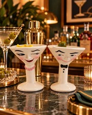 Clay Art Martini Glass Salt Pepper Shakers Anthropomorphic Couple Bar Decor picture