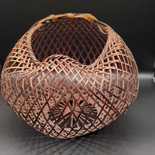 Vintage Japanese Ikebana Bamboo Basket Open Lattice Weave Wavy Rim Bowl picture