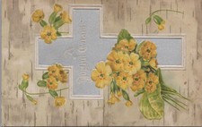 A Joyful Easter Embossed Postcard Silver Cross Yellow Primroses c.1910 Unused picture