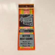 Better Rest Cabins Rte 3 Stop & Gas Hanover MA Vintage Matchbook Cover TMB65-4 picture