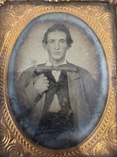 Antique Civil War Era Ambrotype Photo Armed Man Pistol Ornate Union Case picture