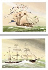 2~4X6  ART Postcards  WARSHIP & CLIPPER SAILING SHIP By Artist JOHN BATCHELOR picture