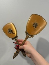 Vintage 1950s Gold Hollywood Regency Vanity Mirror & Brush Set picture