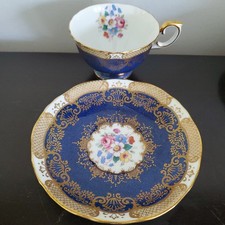 Crown Staffordshire Cobalt Blue Floral Tea Coffee Cup & Saucer Set Gilt Rim picture