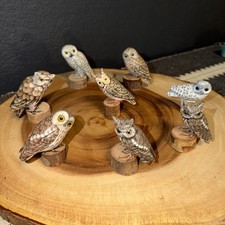 8 Wooden Owl Figurines; Hand Carved & Hand Painted Perched On Logs Cabin Lodge picture