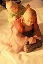 Vintage Hakata Clay Japanese Doll - Woman with Child on her Back picture