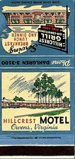 Hillcrest Motel Owens Virginia Restaurant Grill Vintage Matchbook Cover MCM picture