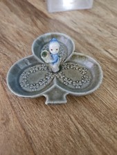 Irish Fairy Ring Dish Blue Green Irish Pottery Clover Shaped Trinket Ireland 6A picture