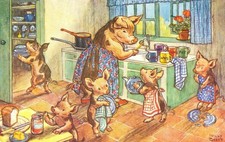 Piggies Washing Up by Molly Brett Postcard Vintage c1980 Helping Mummy Piglets N picture