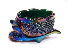 Vintage Iridescent Green Glass Wheelbarrow Open Salt Cellar picture