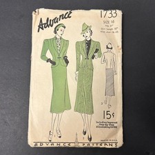 Vintage 30's Advance Sewing Pattern 1733 Women Size 16 Suit Skirt picture