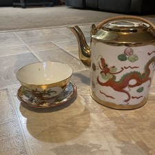 Antique Japanese Porcelain Dragon Ceremonial Wedding  Tea Set Wicker Basket picture