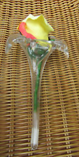 Older Clear Glass Lily Shaped Flat Bud Vase with Artificial flower glued in picture