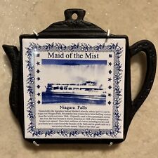 VTG Cast Iron Kettle Tea Pot Ceramic Tile Niagara Falls Maid Of The Mist Trivet picture